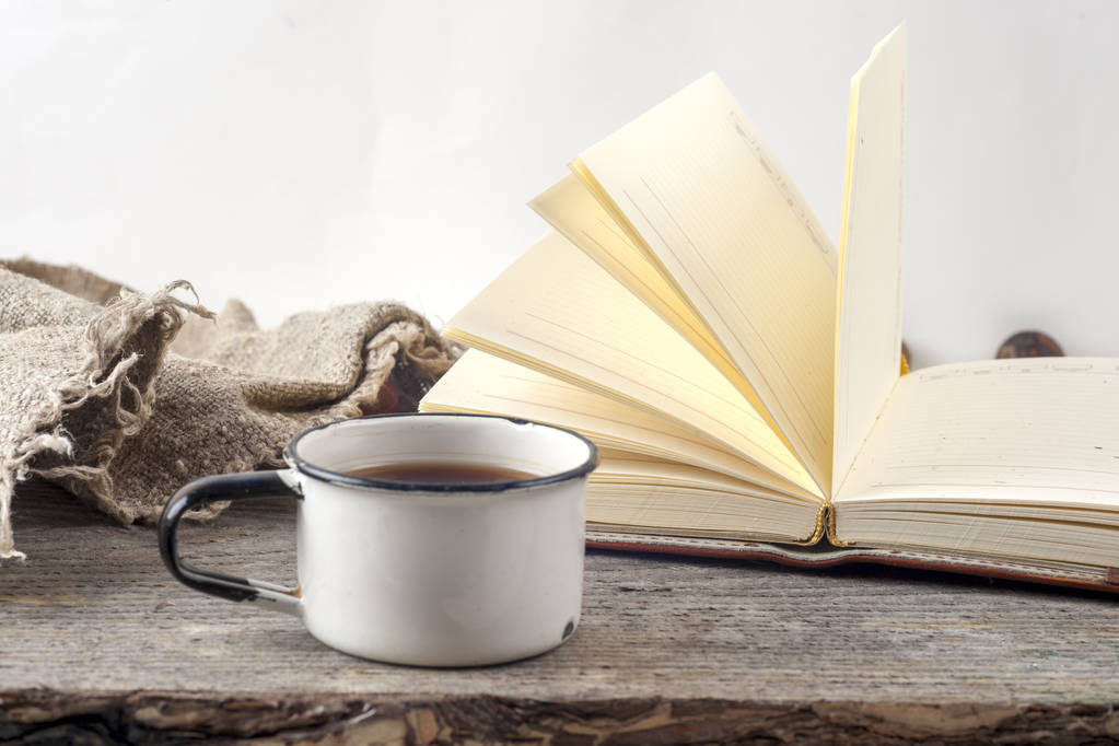 An opened book on a table with a cup of tea.