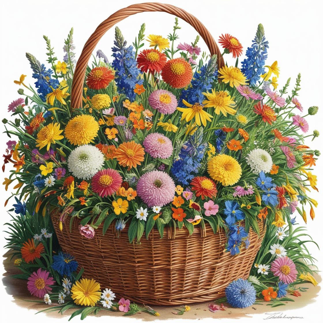 A large basket full of beautiful colorful bright flowers.